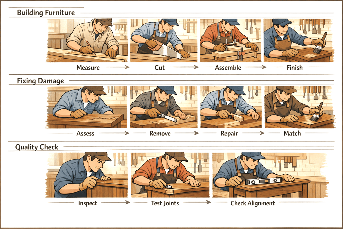 Craftsman workshop showing three workflow lanes: Building Furniture (Measure, Cut, Assemble, Finish), Fixing Damage (Assess, Remove, Repair, Match), and Quality Check (Inspect, Test Joints, Check Alignment)