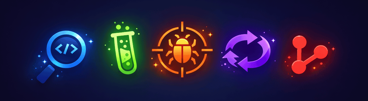Five glowing neon icons representing code review, testing, debugging, refactoring, and git integration workflows