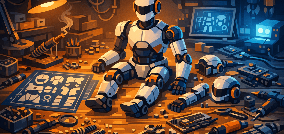 Robot being assembled on a workbench surrounded by components and tools representing custom agent creation