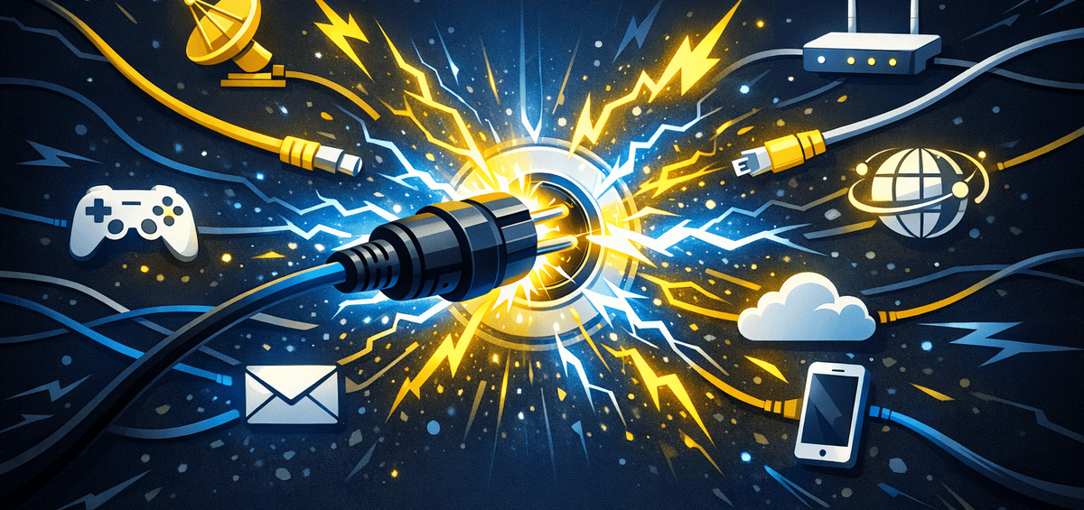 Power cable connecting with bright electrical spark surrounded by floating tech icons representing MCP server connections