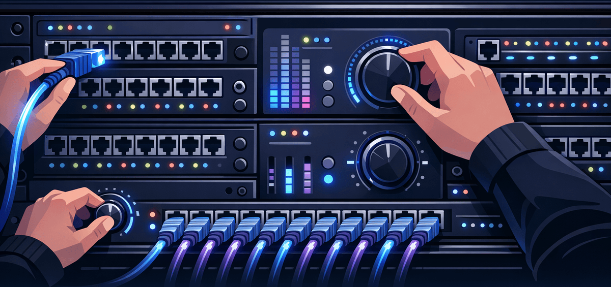 Hands adjusting knobs and sliders on a professional audio mixing board representing MCP server configuration