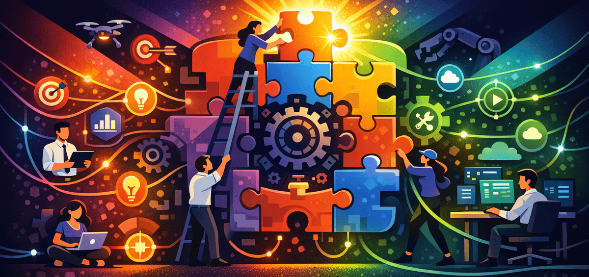 People assembling a colorful giant jigsaw puzzle with gears, representing how agents, skills, and MCP combine into unified workflows